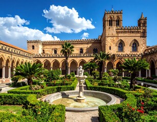 Fototapeta premium An exterior image showcasing a courtyard garden with a fountain, surrounded by arches, palm trees, and a historic building