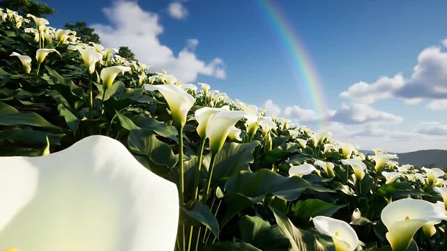 White Calla Lilies Field with Rainbow.