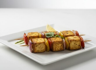 Grilled Paneer Skewer with Vegetable on White Plate