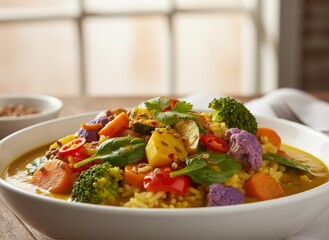 Vibrant Vegetable Curry with Turmeric Rice in White Bowl