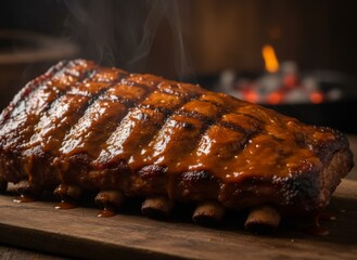 Barbecue Pork Ribs with Smoky Glaze on Wooden Board
