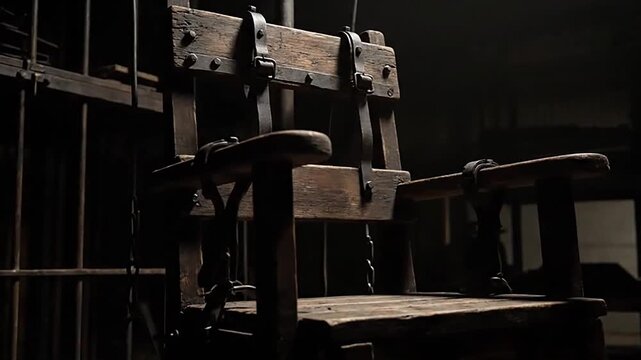 A grim electric chair, a stark symbol of historical justice and severe punishment for heinous crime, stands as a chilling reminder of ultimate retribution within the legal system