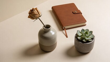 Dried Rose and Succulent in Minimalist Desk Arrangement