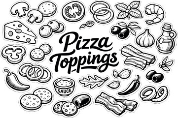 Classic pizza toppings assortment, hand drawn doodle elements set, center hand-lettered title, black & white vector line art,