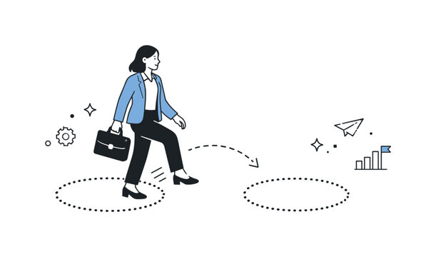 Career redirection. Character stepping from one dotted circle to another with calm focus. Professional realignment, same tier, different