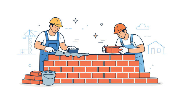 Bricklayers constructing buildings. Bricklayers carefully placing bricks and spreading mortar on a rising wall. The scene conveys skill,
