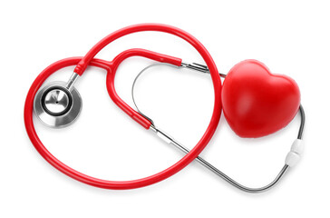 Measuring blood pressure. Stethoscope and heart figure isolated on white, top view