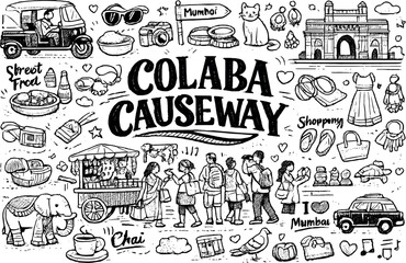Fototapeta premium Busy Colaba Causeway scene, hand drawn doodle elements set, center hand-lettered title, black & white vector line art, bold clean