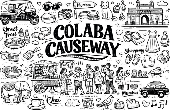 Busy Colaba Causeway scene, hand drawn doodle elements set, center hand-lettered title, black & white vector line art, bold clean
