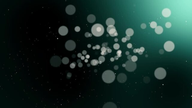 Abstract Cinematic Dark Background Featuring Soft White Bokeh Lights Glowing Green Flare and Floating Dust Particles for Video Production and Graphic Design