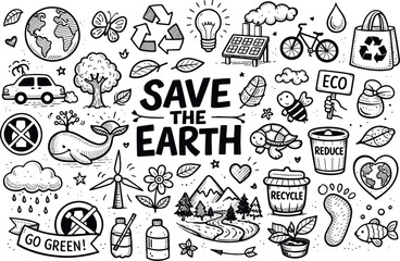 Fototapeta premium Nature focused environmental awareness, hand drawn doodle elements set, center hand-lettered title, black & white vector line art