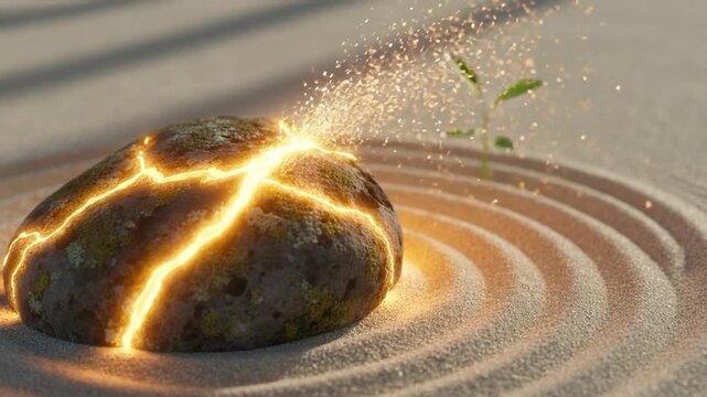 Stone split with glowing golden kintsugi cracks resting on raked sand in a minimalist Japanese Zen garden