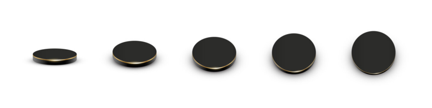 Black podiums with golden edges. Product display platforms with soft gradient surface and smooth cylindrical shape in different angles view. Minimalist modern vector illustration