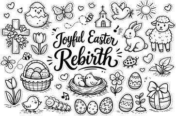 Fototapeta premium Joyful Easter rebirth symbols, hand drawn doodle elements set, center hand-lettered title, black & white vector line art, bold