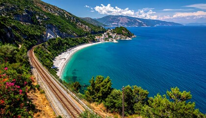 Scenic coastal view with turquoise waters, a white sand beach, mountains, a winding railway, and a charming village