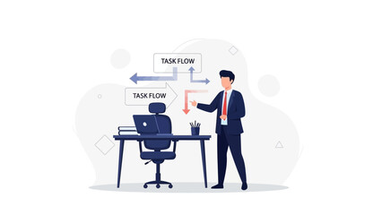 Businessman illustrating task flow and workflow management in office