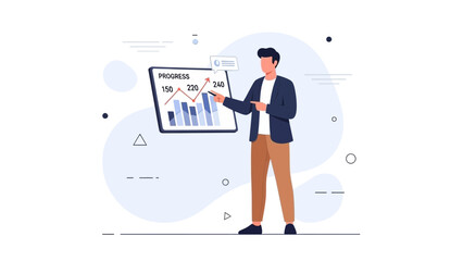 Man presenting financial growth chart with data analysis on screen