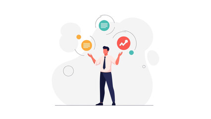 Businessman juggling business icons, data, finance, and strategy