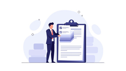 Businessman checking checklist on clipboard, task management and planning concept