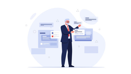 Businessman presenting digital interface with data and analytics