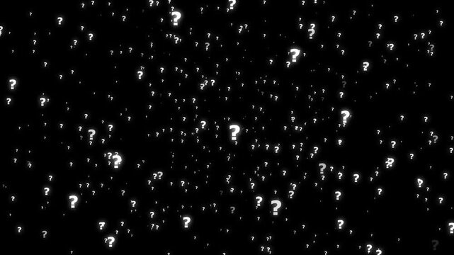 Camera moving through question marks on the alpha channel background. Question marks flying animated. Questions marks animated flying particles black background alpha channel