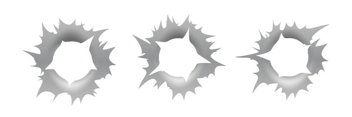 Fototapeta premium Bullet hole gun mark effects set. Dark impact shapes with torn edges and metallic shading on white background with damage textures. Detailed realistic vector illustration.