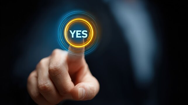 Person presses a glowing yes button with their index finger on screen