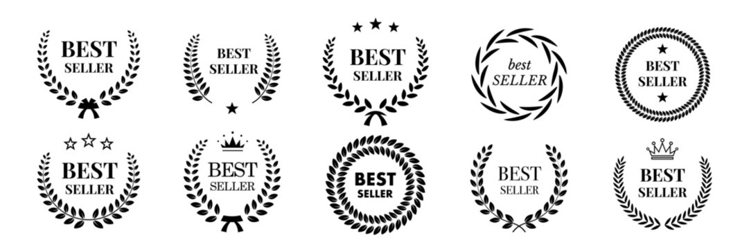 Award laurel wreath best seller icons set. Black badges with stars crowns and leaf frames isolated on white background for labels branding and marketing. Elegant monochrome vector illustration.