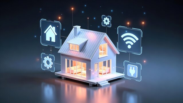 Smart home automation concept, futuristic miniature house with digital interface icons, intelligent living technology and home security system