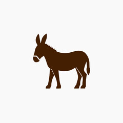 Simple flat graphic of a brown donkey silhouette. Modern vector on a split black and white background with copy space. Minimalist farm animal icon for logos or web design.
