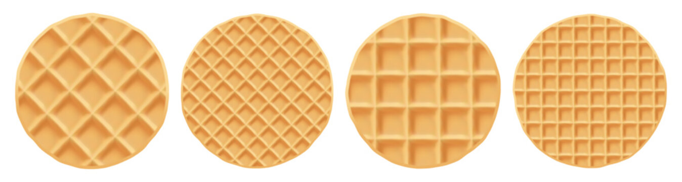 Vector round waffle, cream wafer texture, belgian biscuit. Pattern food Illustration caramel cartoon, stroopwafel belgium cake. Background isolated bite of cute cookie breakfast, circle shape syrup