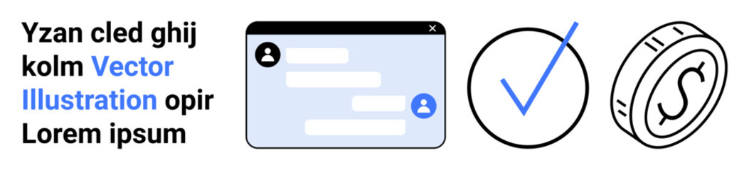 Obraz premium Digital security, online payment, communication, identity verification, transaction confirmation, messaging apps. Chat window, checkmark coin icon. Digital security and online payment concepts