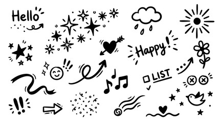 Hand drawn doodle sticker set with happy icons stars sun music arrows heart scribbles bird sheet playful handwritten black vector