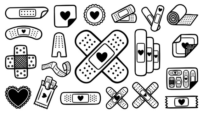 Line art bandage sticker set with crossed plasters and heart emblem close up flat vector icons on white landscape arrangement outline