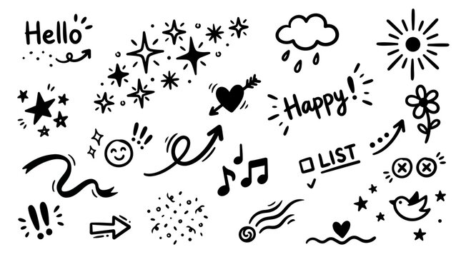 Hand drawn doodle sticker set with happy icons stars sun music arrows heart scribbles bird sheet playful handwritten black vector