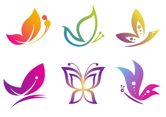 Fototapeta premium Collection of Abstract Butterfly Logos and Icons in Vibrant Gradient Colors. A set of six stylized butterfly logos with gradient colors, presented on a white background.