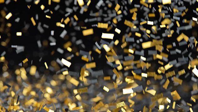 Festive Gold and Silver Confetti falling down on dark background. Symbolizing celebration, party, and festive moments.