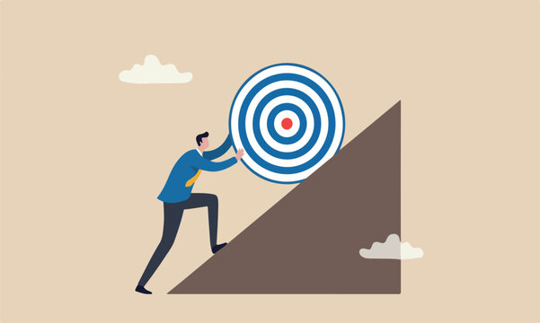 Missed target obstacle to achieve target or set too high or unrealistic goal concept, businessman trying hard to push dartboard or arrow target up the hill