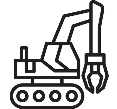Excavator icon in bold outline style showing tracked construction digger with hydraulic arm and claw grab, isolated on white for industrial machinery signage