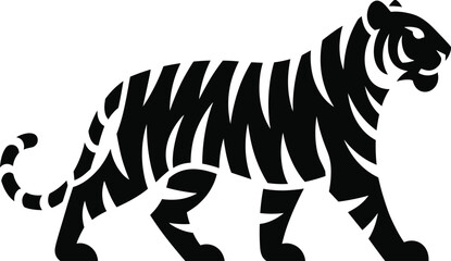 Bengal Tiger Standing Silhouette with Striped Pattern, Black Wild Predator Vector Illustration for Jungle Nature, Safari Mascot, and Tribal Animal Logo Designs © Shree