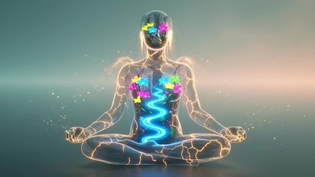 Abstract visual of a meditating human form cracked like Kintsugi revealing internal flowing nature energy