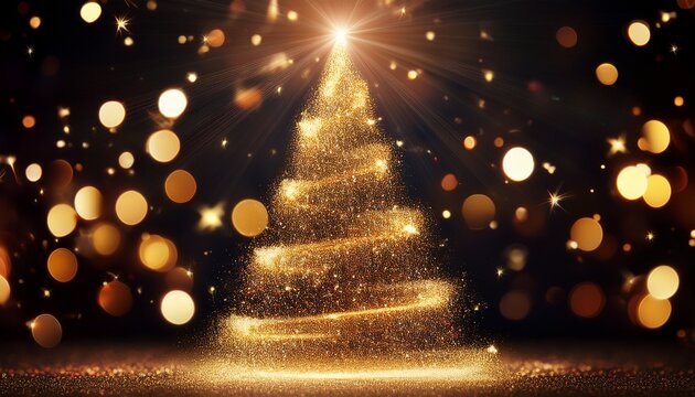 Weihnachtsbaum Aus Goldenem Licht Mit Bokeh Und Sternen Auf Dunklem Hintergrund