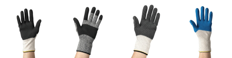 Set and collection of hands wearing various protective work gloves and industrial safety gloves in...