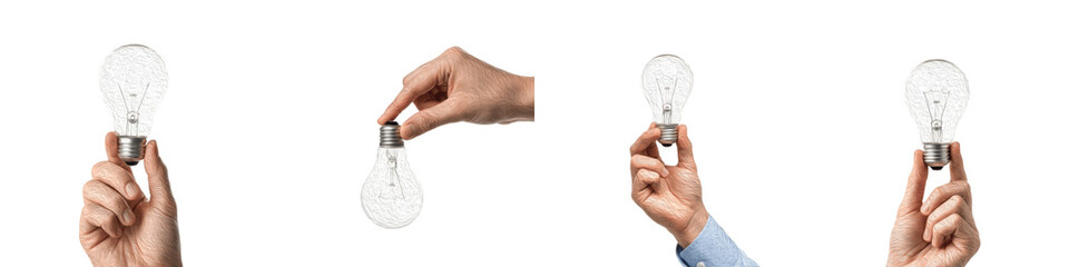 Set and collection of hands holding various glass light bulbs and incandescent lamps in different positions isolated on white transparent PNG background