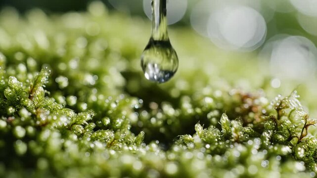 Close-up of water droplets falling on green moss, natures beauty.