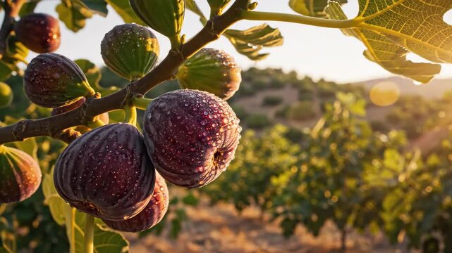 Close-up of ripe figs on a tree branch in an orchard.