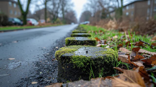 Mossy Concrete Blocks Along Roadside in Autumnal Scene.