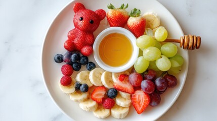 colorful kids fruit platter with bear shaped strawberry, sliced banana, fresh grapes, assorted berries, small bowl of honey dip, arranged on white