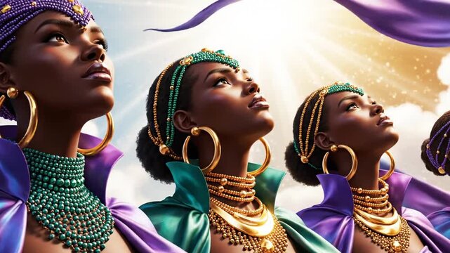 Regal African women looking up at divine light in a celestial sky