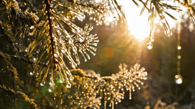 Sunlight Shines Through Icy Pine Needles in Winter Morning.